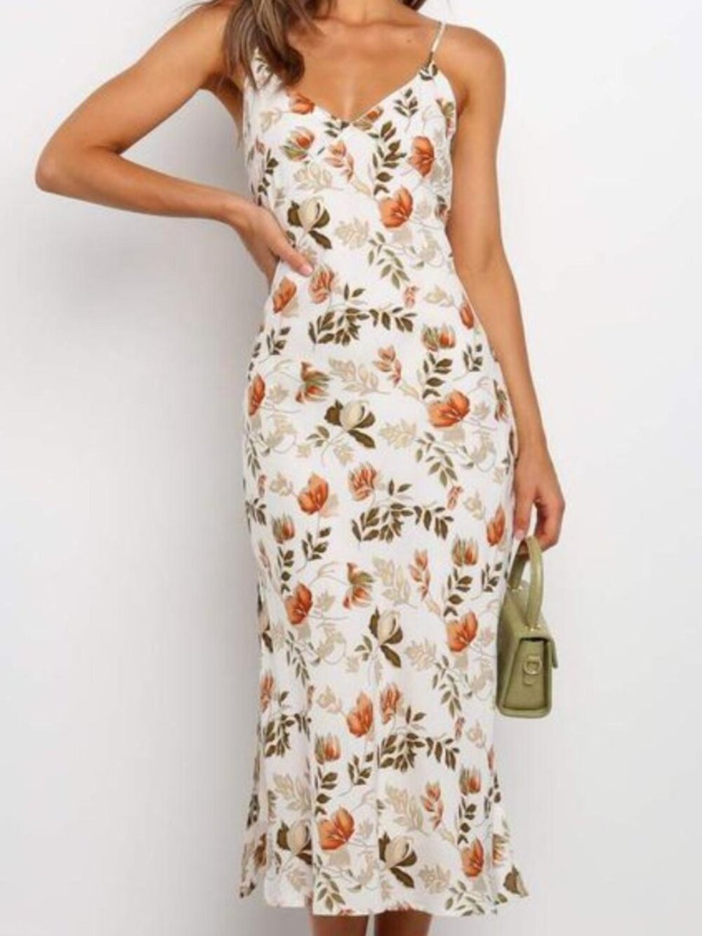 Petal & Pup White Floral Midi Dress with Orange and Olive Accents